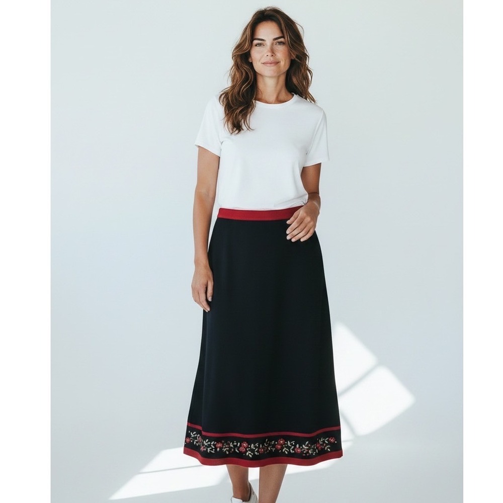 Alfred Dunner Coventry Gardens Black Red Floral Embroidered Knit Midi Skirt L
